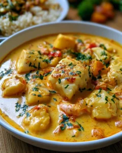 Blanquette de Poissons au Lait de Coco et Curry servie dans un plat savoureux