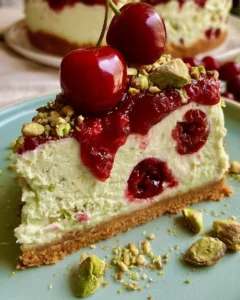 Cheesecake rafraîchissant au citron vert, cerise et pistache sur une assiette