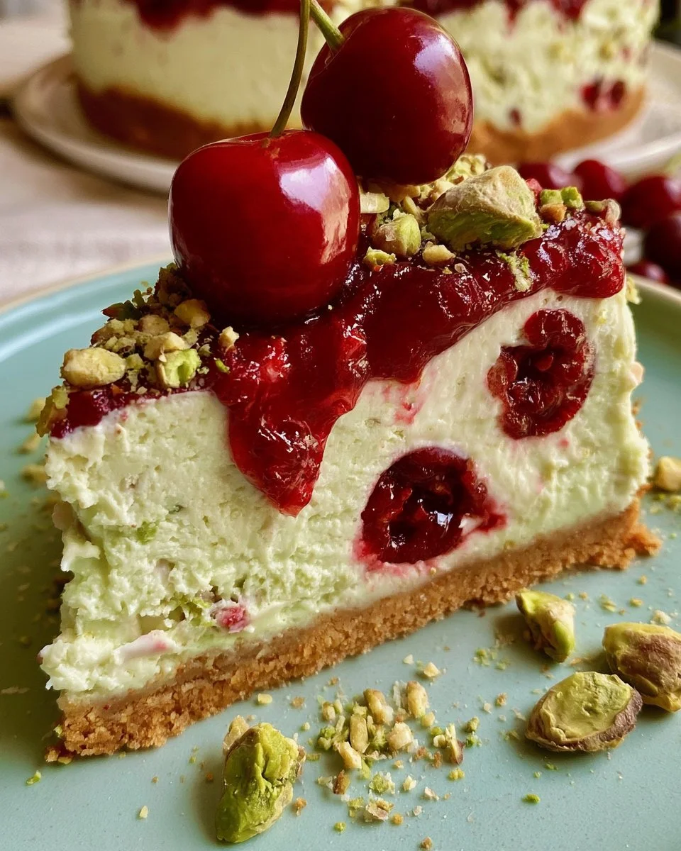 Cheesecake rafraîchissant au citron vert, cerise et pistache
