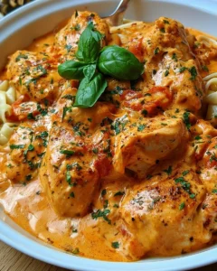 Filets de poulet à la crème de tomate dans un plat appétissant