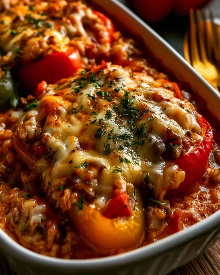 Poivrons farcis en casserole garnis de viande et légumes, prêts à servir.