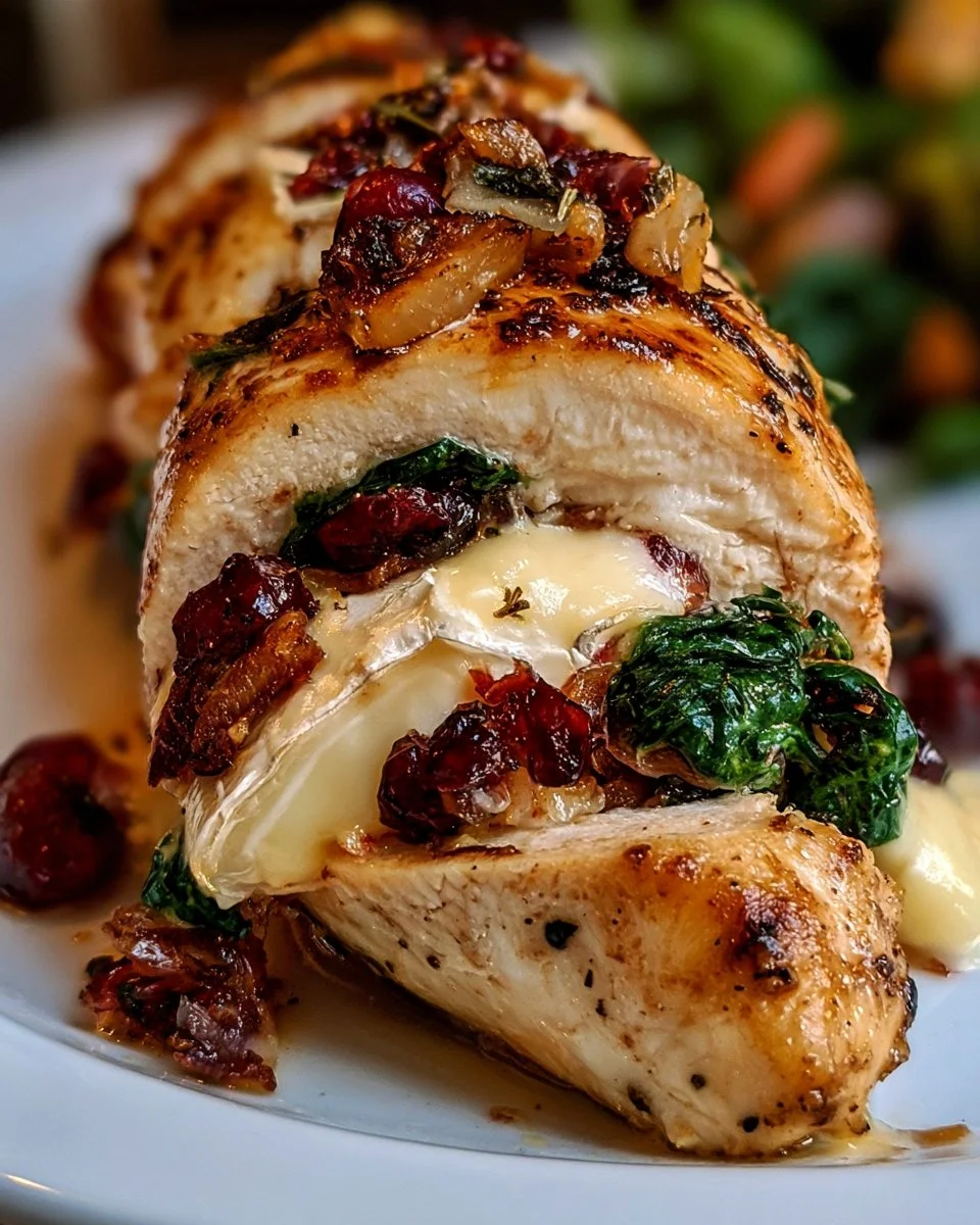 Poulet farci au brie avec canneberges et épinards
