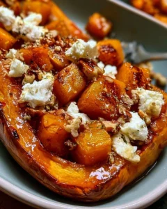 Rôti de butternut au miel, feta et noix, plat coloré et savoureux.