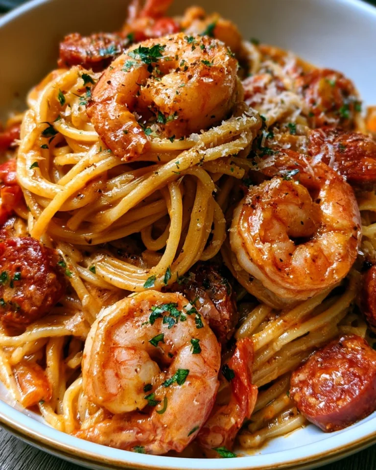Spaghetti à la crème de poivron avec chorizo et crevettes dans une assiette