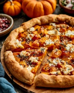 Tarte rustique au potimarron et féta avec une croûte dorée et garniture appétissante.